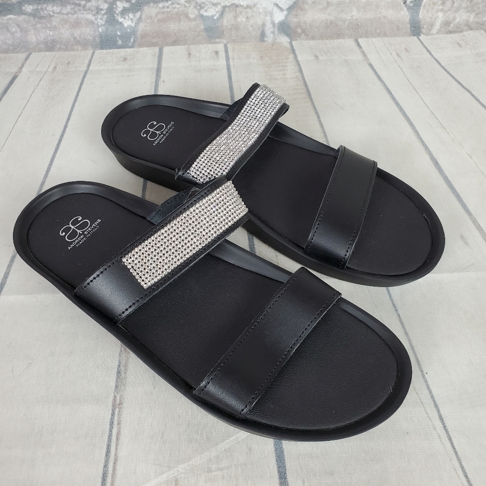 Andrew Stevens Leather Slides Crystal Embellished  Black Size 40 Italy